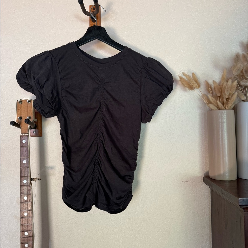 Free People Black Ruched Puff Sleeve Tee